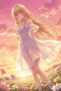 【椎名真昼】夏の夕暮れ、花畑の白いドレス姿