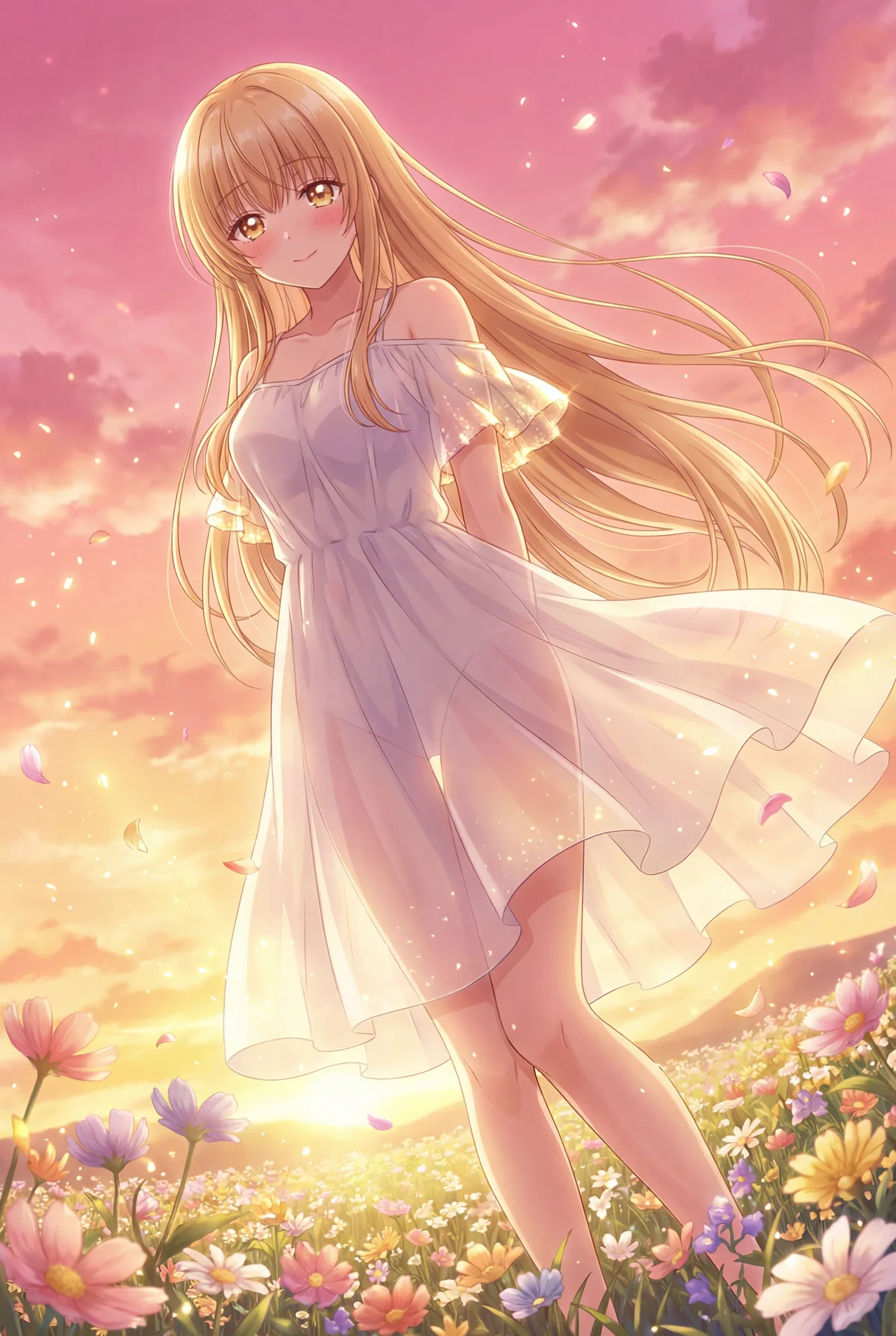 夏の夕焼けに染まる花畑で微笑む椎名真昼。白いドレスが風になびき、舞い散る花びらと柔らかな光が彼女の天使のような美しさを際立たせています。