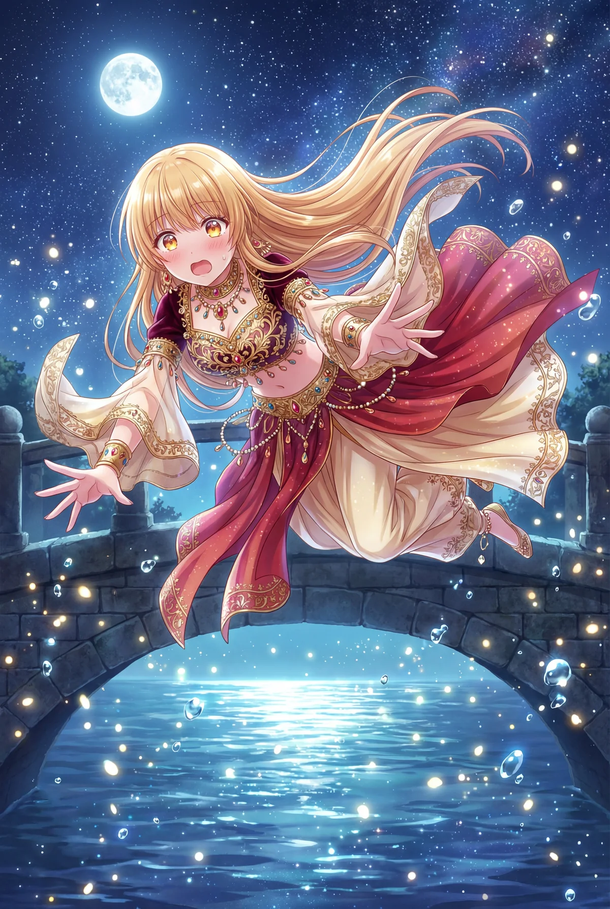 「お隣の天使様」の椎名真昼が、満月と星が輝く夜空の下、豪華なアラビアン衣装を身につけ、水面の上を幻想的に舞う姿。その表情は驚きと喜びに満ちています。