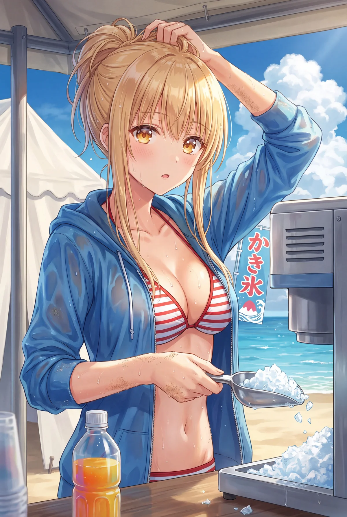 『お隣の天使様』椎名真昼が、真夏のビーチでかき氷を準備中。水着の上に羽織ったパーカーは濡れ、汗ばむ肌と手についた砂が、彼女のビーチでの奮闘を物語る一枚。