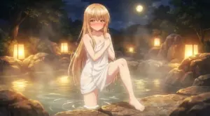 Mahiru Shiina: Blushing Beauty in Moonlit Outdoor Bath