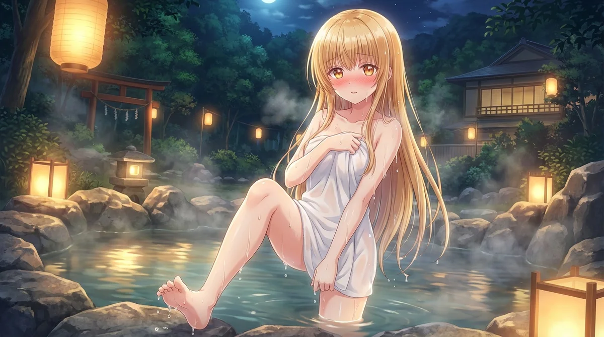 『お隣の天使様』椎名真昼が月夜の露天風呂ではにかむ姿。湯気に包まれ、頬を染める天使様の表情が愛らしい。和風情緒溢れる夜の温泉風景。