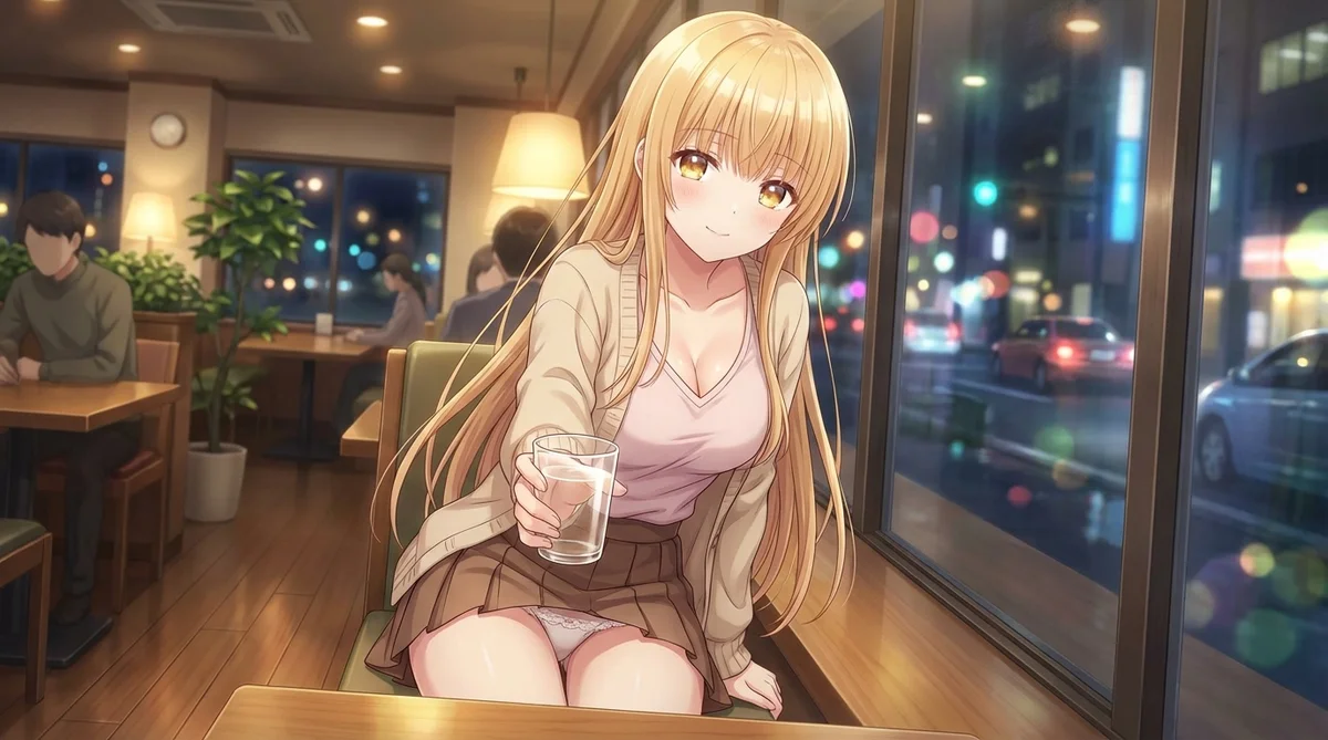 Mahiru Shiina, the angel next door, offers you a glass with a gentle smile in a cozy night cafe. Outside, the city lights twinkle, creating a warm, intimate atmosphere. Her charming look and slight daringness truly shine.