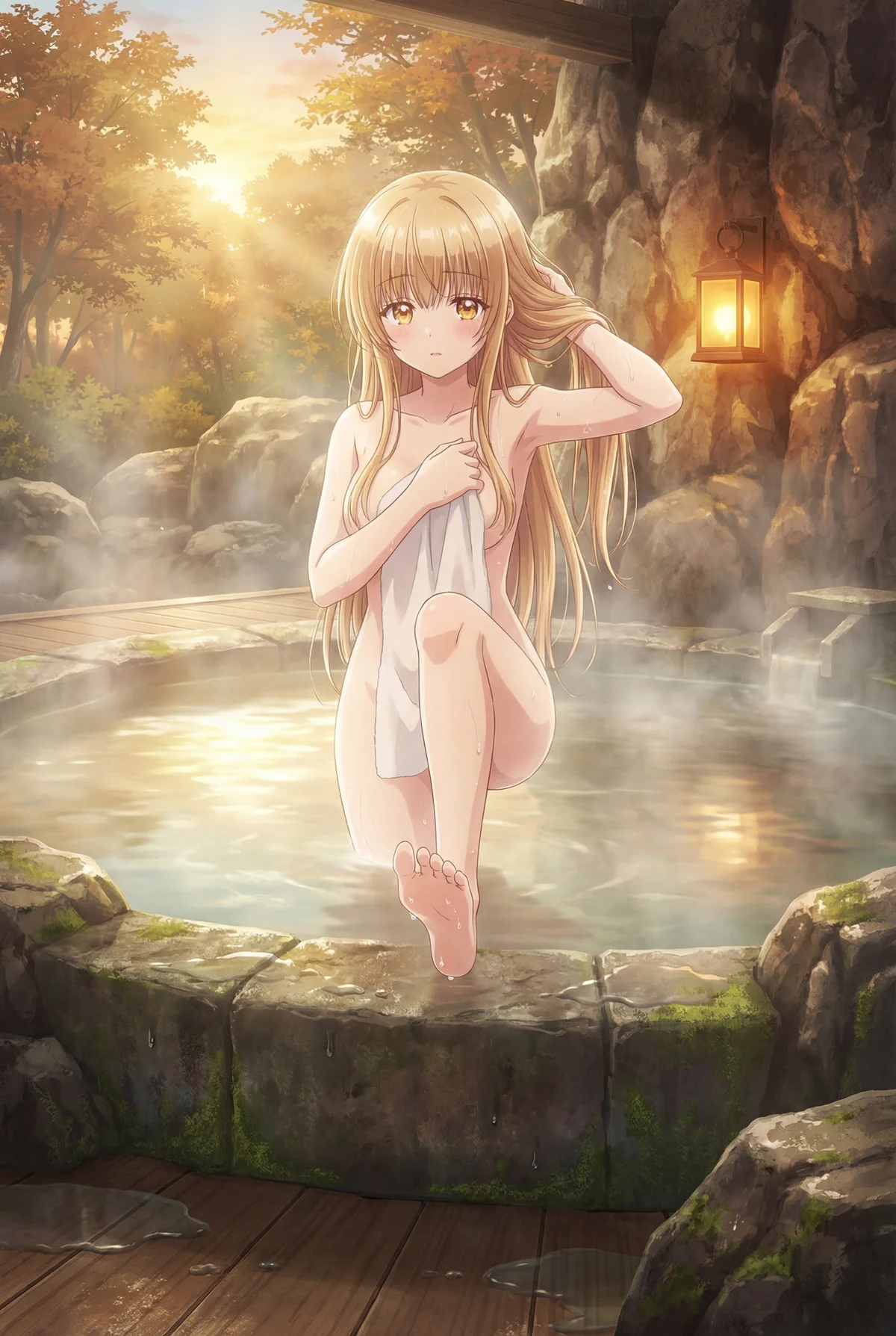 Mahiru Shiina from "The Angel Next Door Spoils Me Rotten" enjoys a serene, sunset-lit hot spring bath. Steam rises, accentuating her modest charm amidst the autumn scenery.