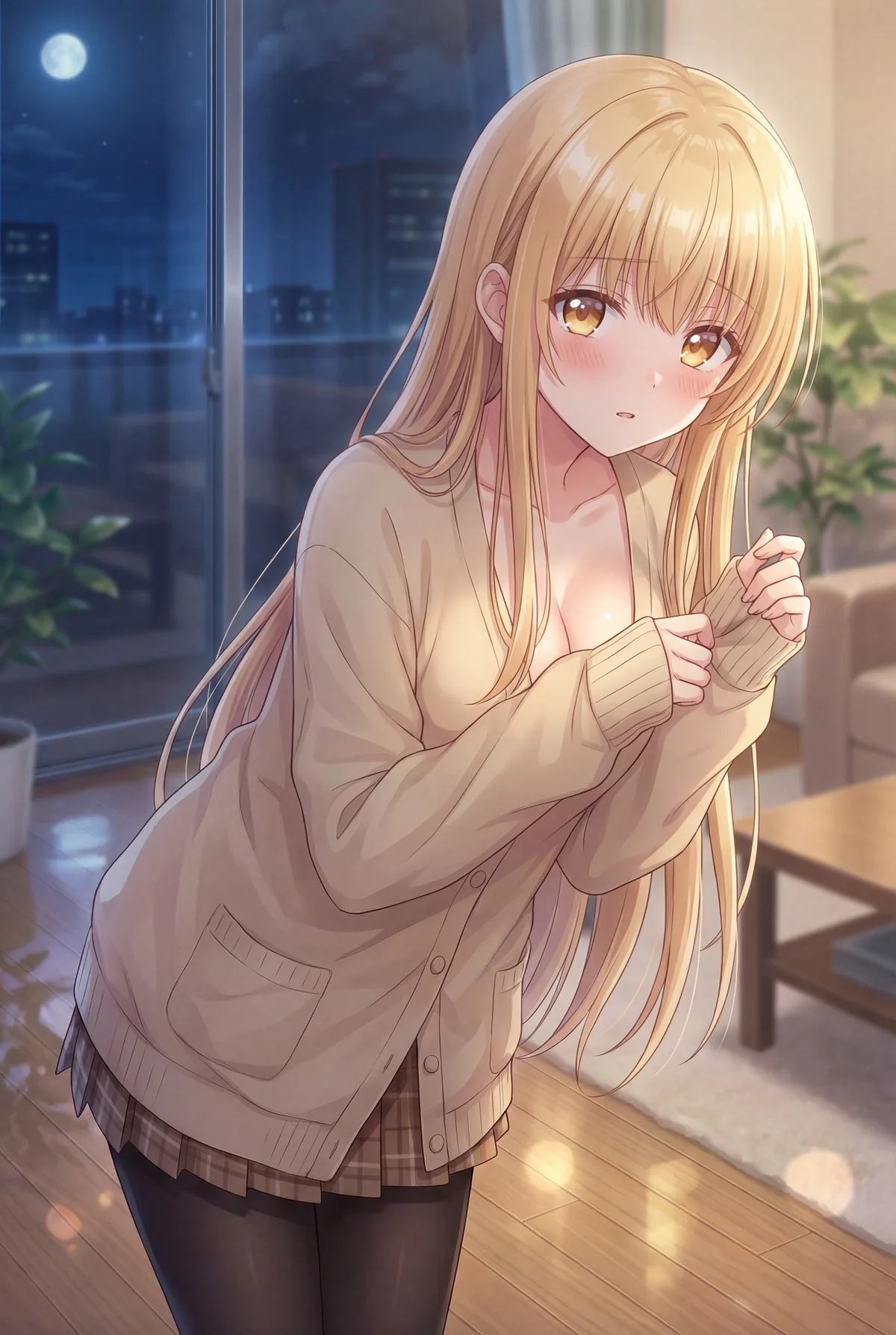 夜景が見える部屋で、ベージュのカーディガンと制服スカート姿の椎名真昼が、少しはにかんだ表情を見せています。月明かりと室内の温かい光に包まれ、その可愛らしさが際立ちます。