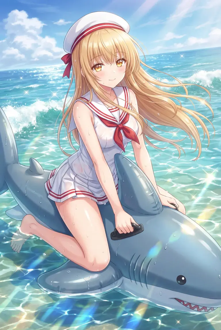 【椎名真昼】夏の海でシャークフロートと笑顔