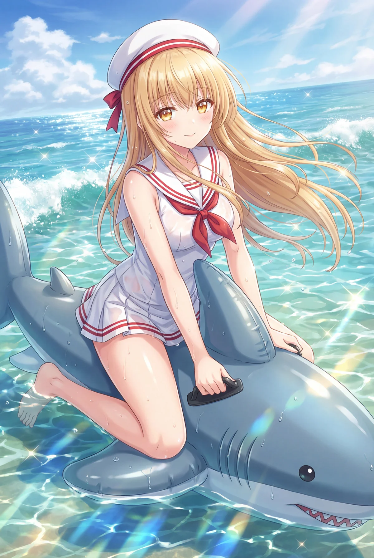 「お隣の天使様」の椎名真昼が、白いセーラー水着を身につけ、シャークフロートに乗って夏の海を満喫。キラキラ輝く水面で、無邪気な笑顔が眩しい一枚です。