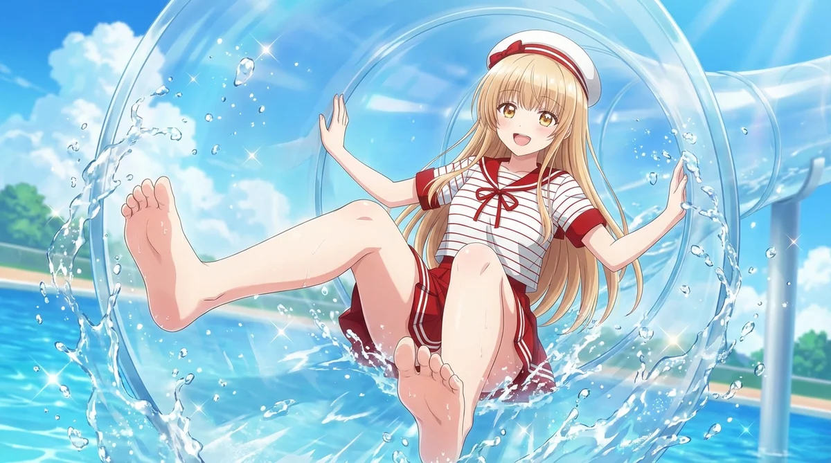 Mahiru Shiina, "The Angel Next Door," gleefully enjoys a water slide. Amidst sparkling splashes, she sports a cute sailor-style outfit and a radiant smile, capturing her delightful summer day perfectly.