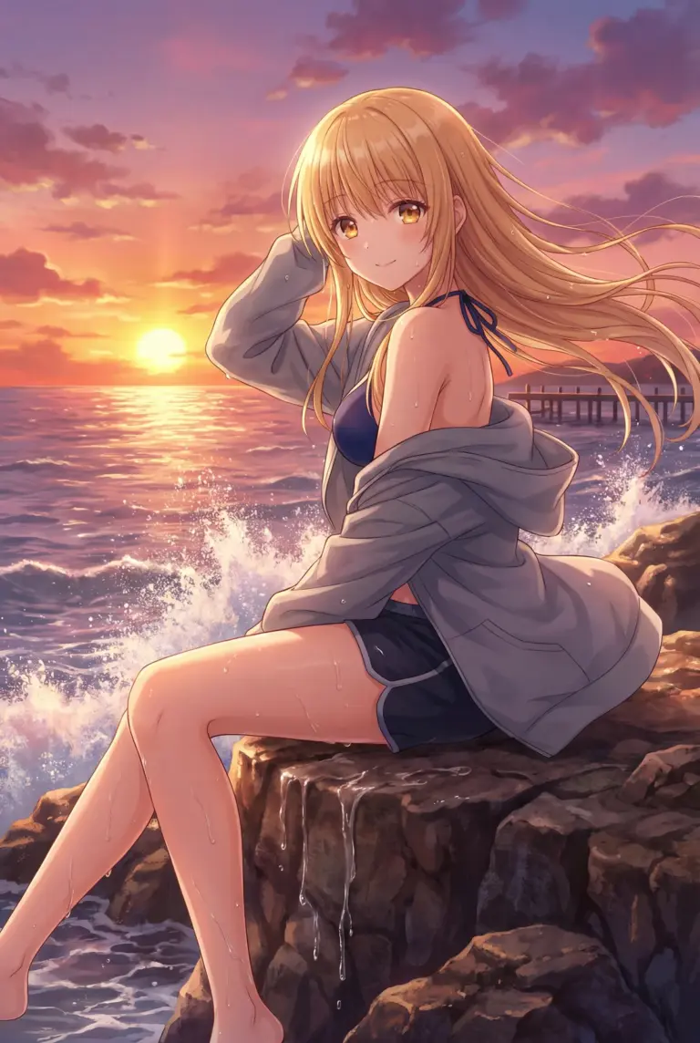 【椎名真昼】夕焼けの海で微笑む水着姿の天使様