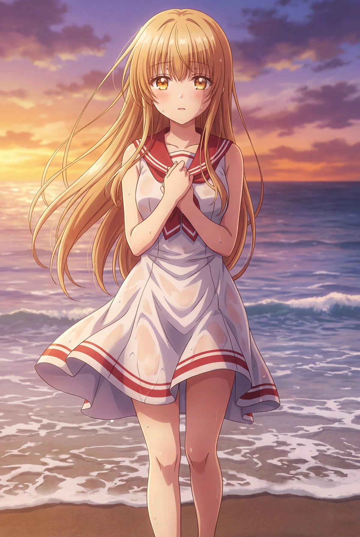 「お隣の天使様」椎名真昼が夕焼けのビーチに登場。水に濡れたセーラー服風の衣装と、はにかんだ表情が愛らしい一枚。黄金色の瞳が夕陽に輝く。