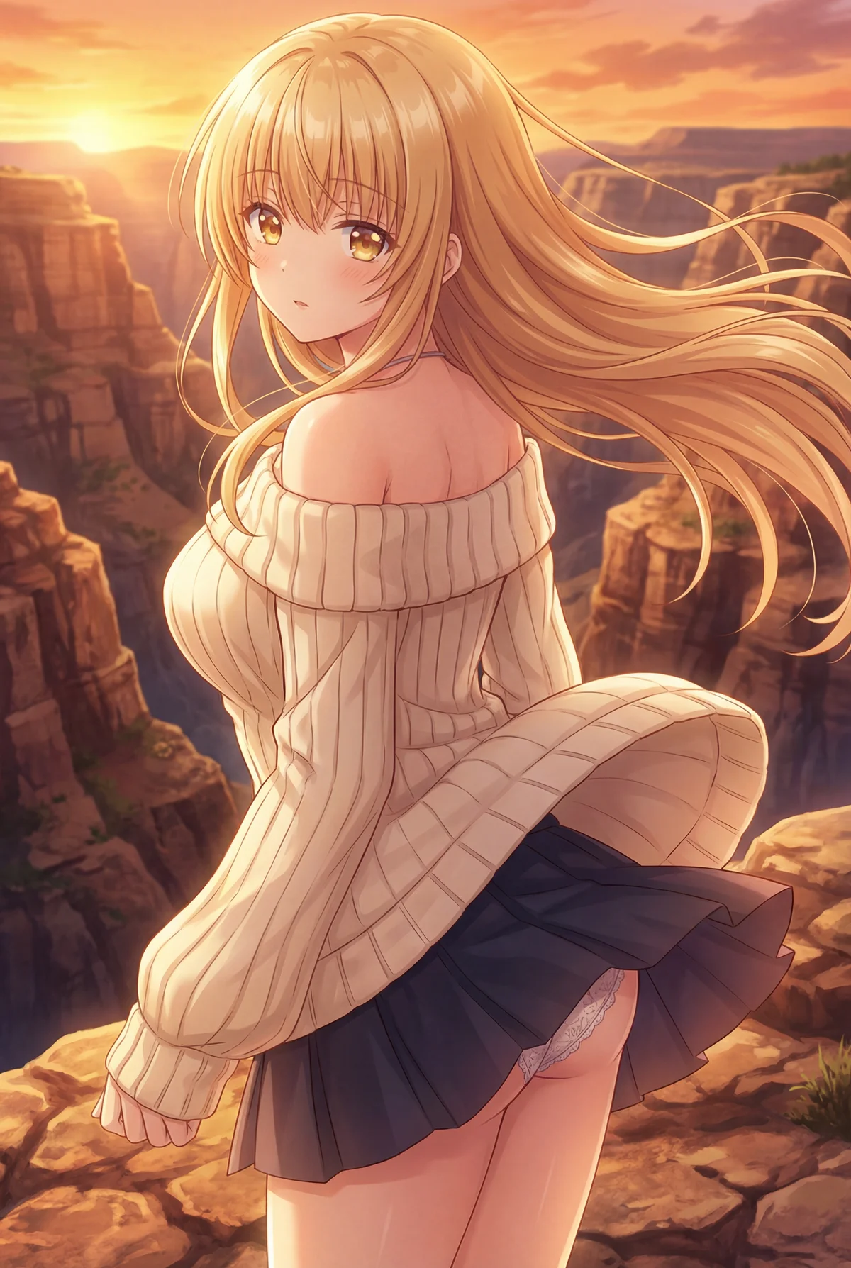 「お隣の天使様」椎名真昼が夕焼けに染まる壮大な峡谷で、風になびくオフショルダーニット姿。スカートの裾から見えるインナーも魅力的な一枚です。