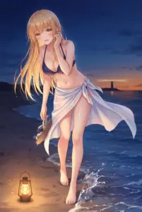 Mahiru’s Enchanting Twilight Beach Walk in a Swimsuit
