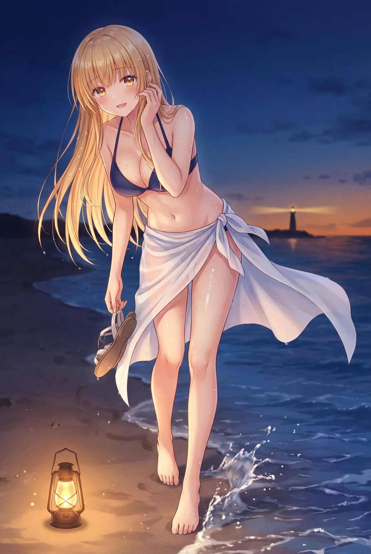 「お隣の天使様」椎名真昼が夕暮れの渚を水着で散歩する姿。濡れた肌と髪、水しぶきが涼しげで美しい。提灯の温かい光と遠くの灯台がロマンチックな雰囲気を醸し出す、夏の癒やしの一枚。