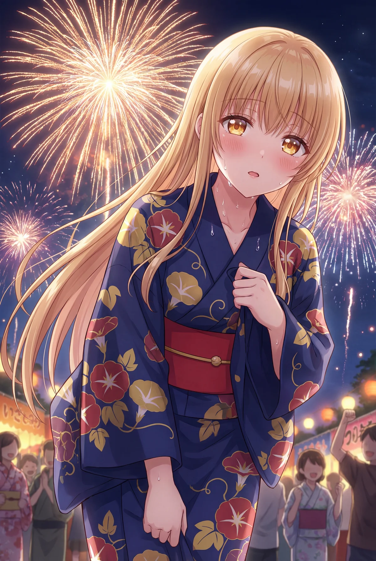 Mahiru Shiina in a patterned yukata enjoys a summer festival. Dazzling fireworks illuminate her slightly flushed face, capturing the magical night.