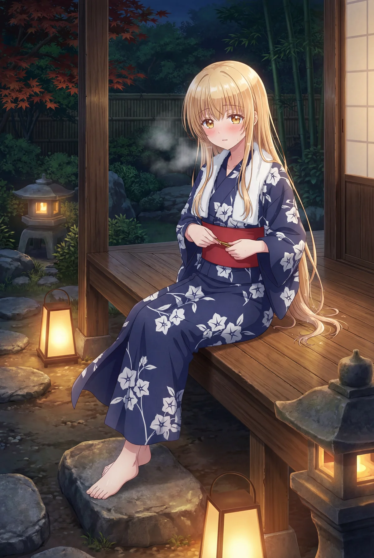 Mahiru Shiina in a yukata, cooling off on a Japanese garden veranda on a summer night. Her rosy cheeks and steam suggest a relaxing bath. Lanterns cast a warm glow on the tranquil scene.