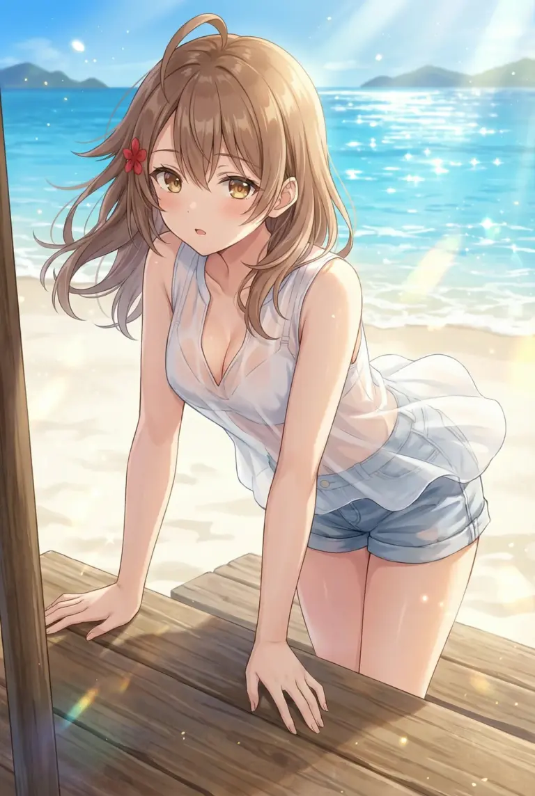 【マーシャ】きらめく夏の海辺で濡れたシャツ