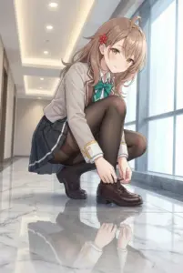 【マーシャ】制服姿で靴紐を結ぶ微笑み