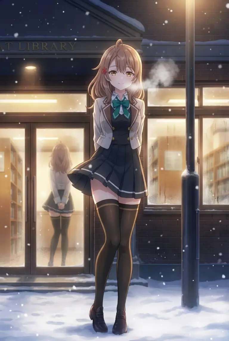 【マーシャ】冬の図書館前、雪降る夜の笑顔