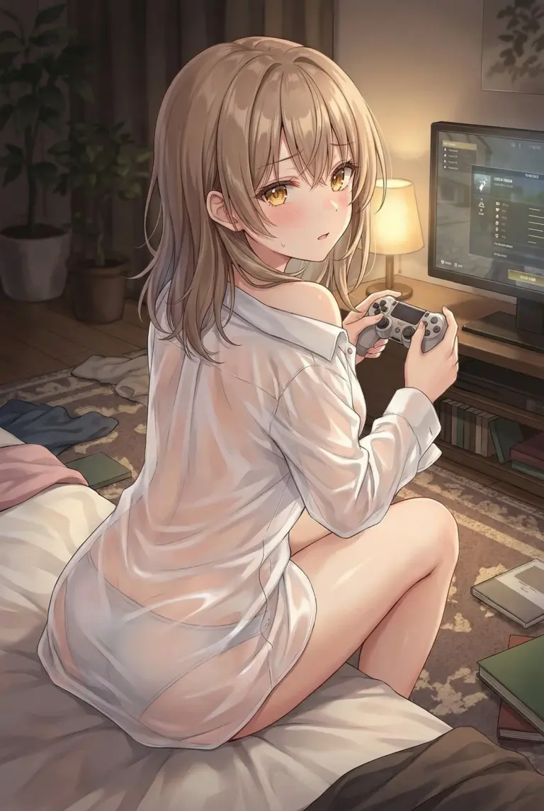 【マーシャ】ゲーム中の照れ顔とシースルーシャツ姿