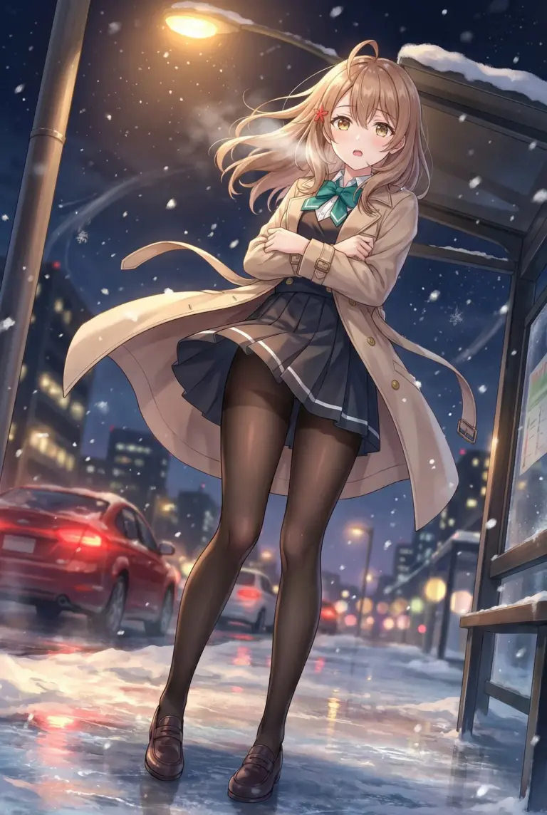 【マーシャ】雪降る夜のバス停で寒さに耐える彼女