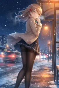 Mariya Kujou at the Snowy Bus Stop: A Blushing Winter Night