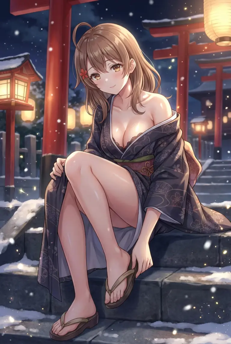 【マーシャ】雪降る夜の神社、艶やかな浴衣美人