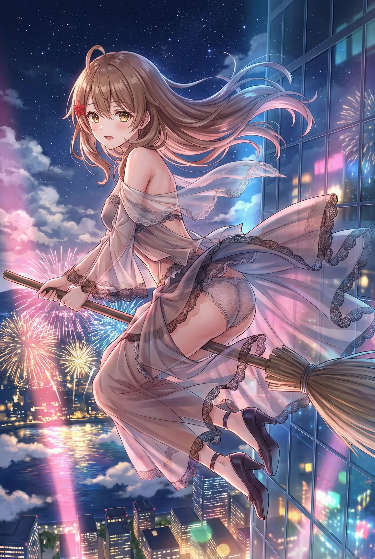 『ロシア語でデレる隣のアーリャさん』のマーシャが夜空を箒で舞う幻想的なイラスト。花火と煌めく街の光がロマンチックな夜を彩ります。