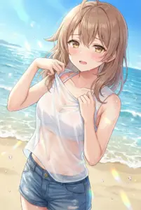 【マーシャ】夏の海辺で濡れたシャツが透けて…