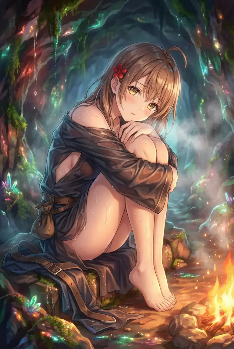 【マーシャ】洞窟で焚き火と濡れた肌