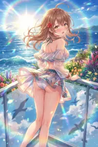 Masha Kujo’s Summer Charm: Blushing on a Sunny Balcony