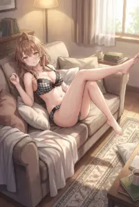 【マーシャ】ソファでくつろぐチェック柄下着姿