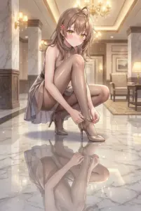 Masha Kujo gracefully adjusting her heels in a luxurious setting