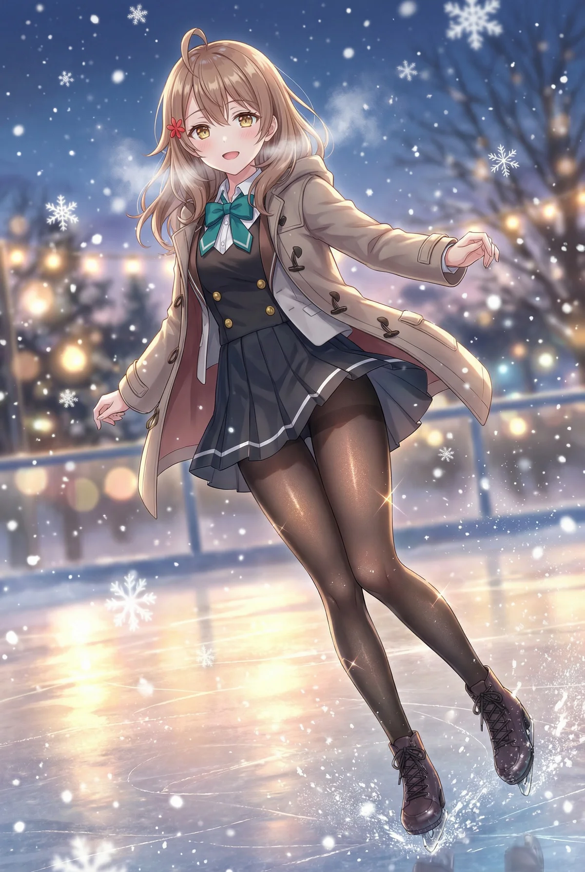 「ロシア語でデレる隣のアーリャさん」のマーシャが、雪降る冬の夜の屋外リンクで華麗にアイススケート。制服とトレンチコート姿で、きらめく雪とイルミネーションの中、愛らしい笑顔を見せています。
