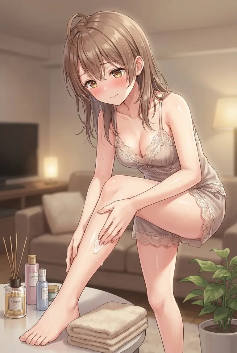 【マーシャ】夜のお手入れ、恥じらう美脚