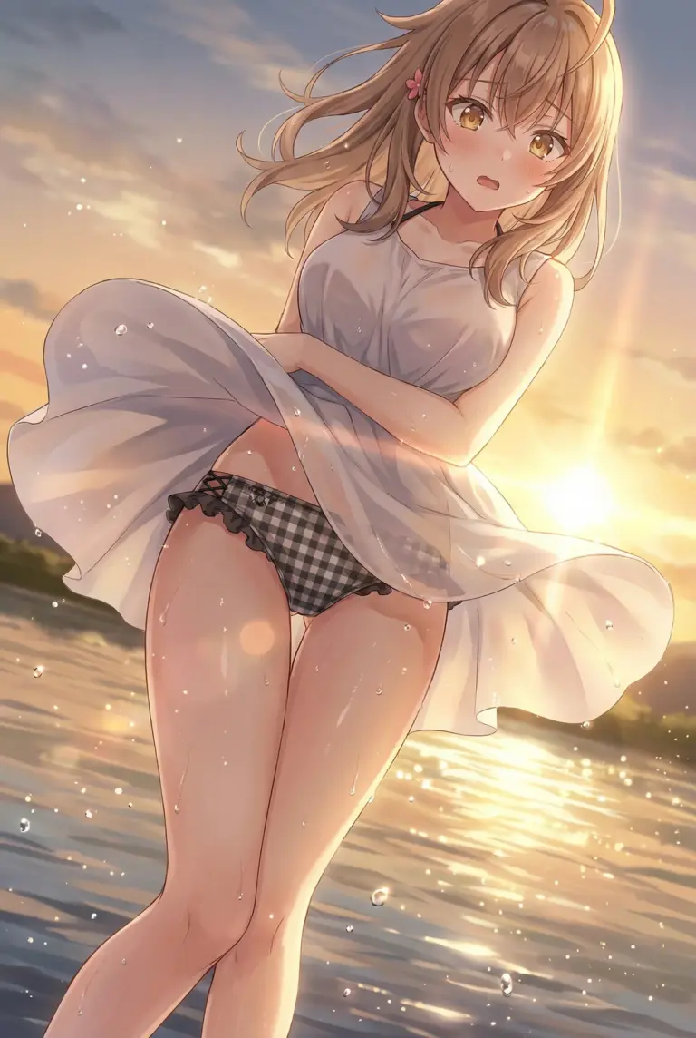 【マリヤ・ミハイロヴナ・九条】夕焼けの水辺で水着姿がはだけて…！