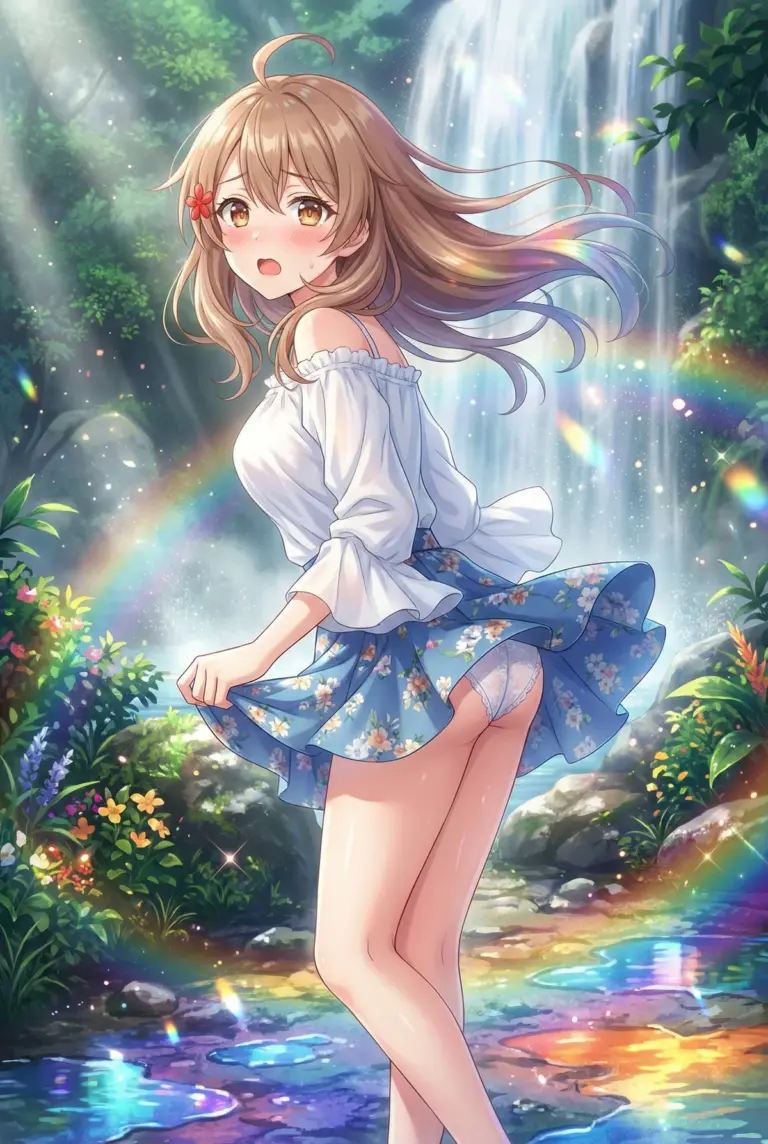 【マーシャ】滝と虹の光に照らされて、はにかむマーシャ。風に舞うスカートが魅力的。
