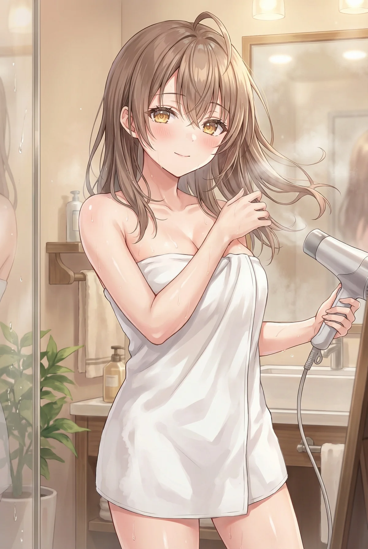 Masha Kujou from 'Alya Sometimes Sweet' dries her hair post-bath with a sweet, blushing smile and dewy skin. A heartwarming moment.