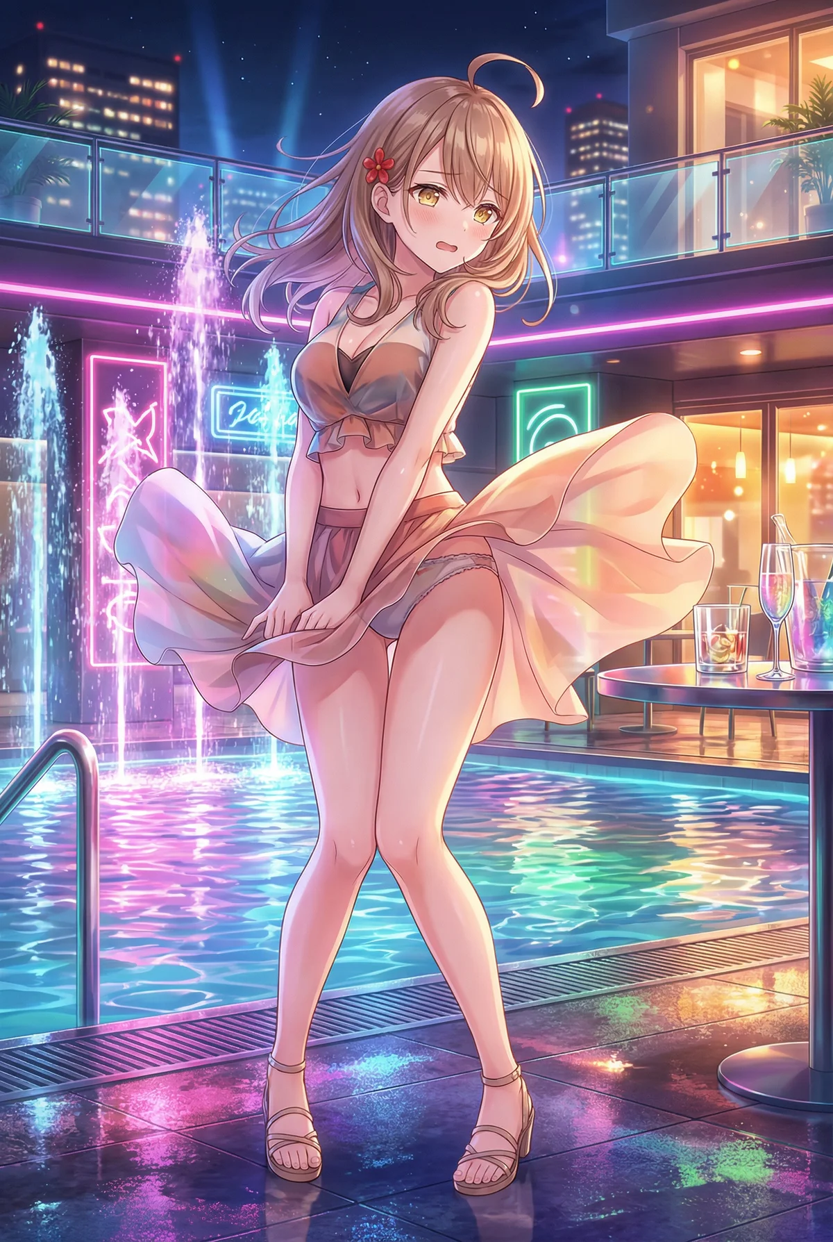 「ロシア語でデレる隣のアーリャさん」のマーシャが、ネオン輝く夜のプールサイドに登場！風に揺れるスカートを思わず押さえる、恥じらう表情がキュート。都会の夜景を背景に、幻想的な雰囲気に包まれた一枚です。