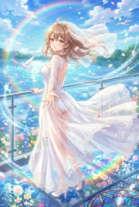 Masha Kujou: Beautiful Bride in White Under a Rainbow Sky