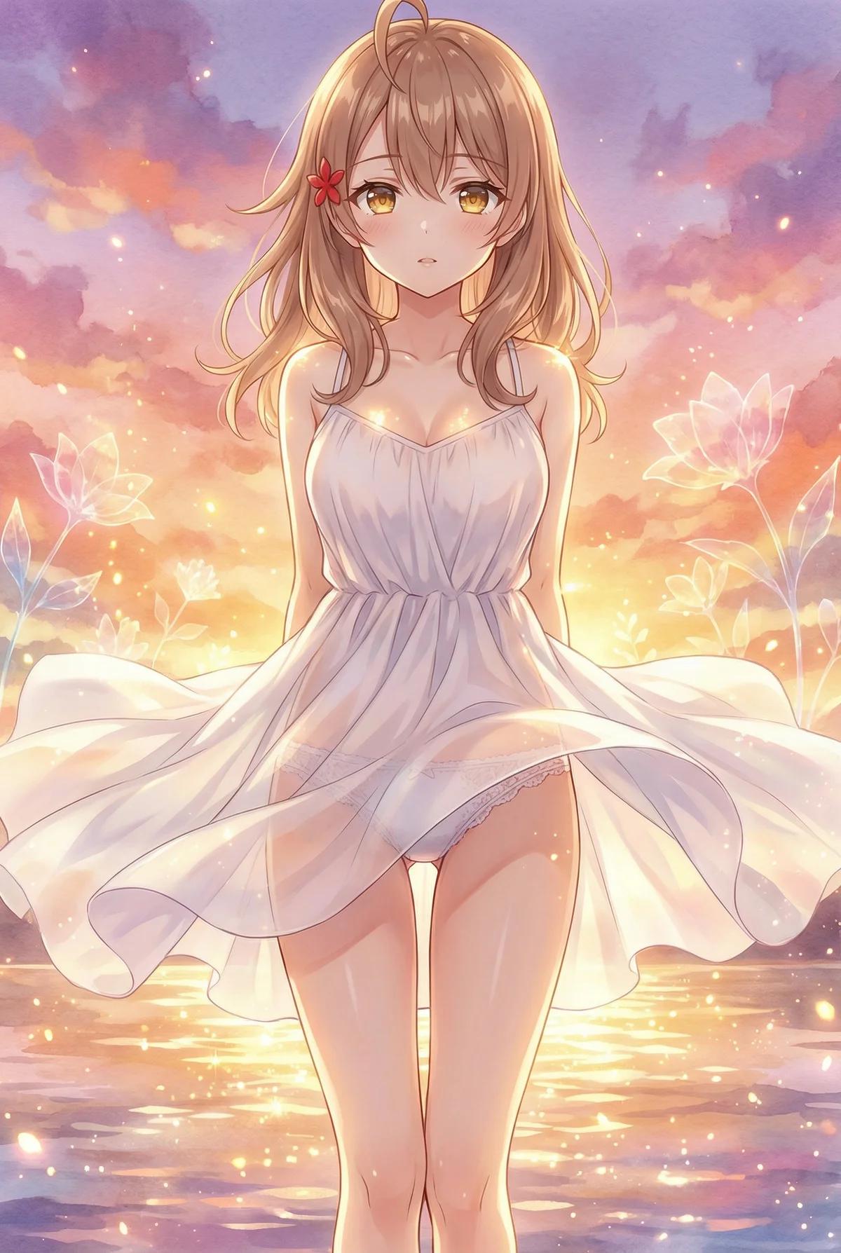 Masha Kujou from 'Alya Sometimes Hides Her Feelings in Russian' in a sheer white dress by the sunset waters. Her gentle gaze and the ethereal glow create a captivating, dreamlike scene.