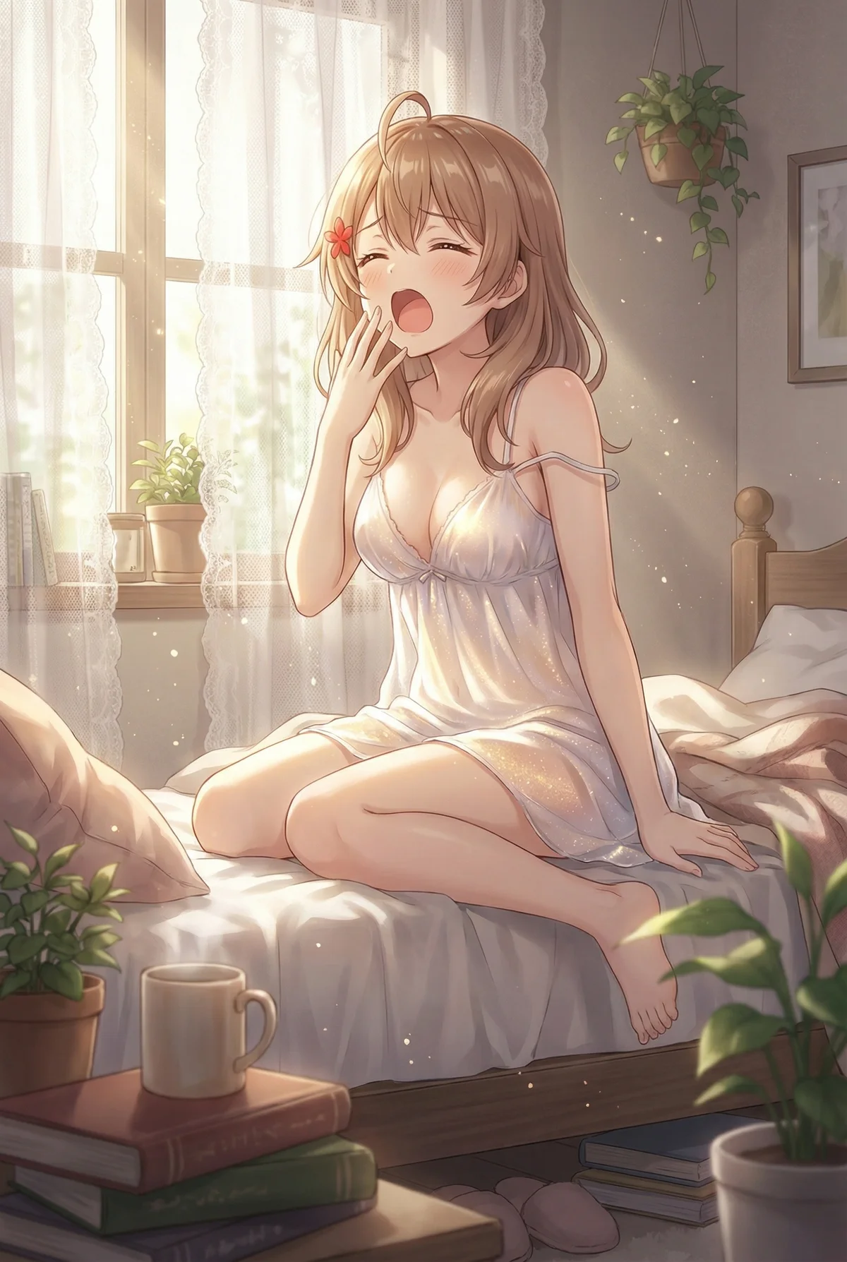 Masha (Maria Kujou) from 'Rosidere' yawns sweetly in bed, bathed in morning light. Cozy & adorable!