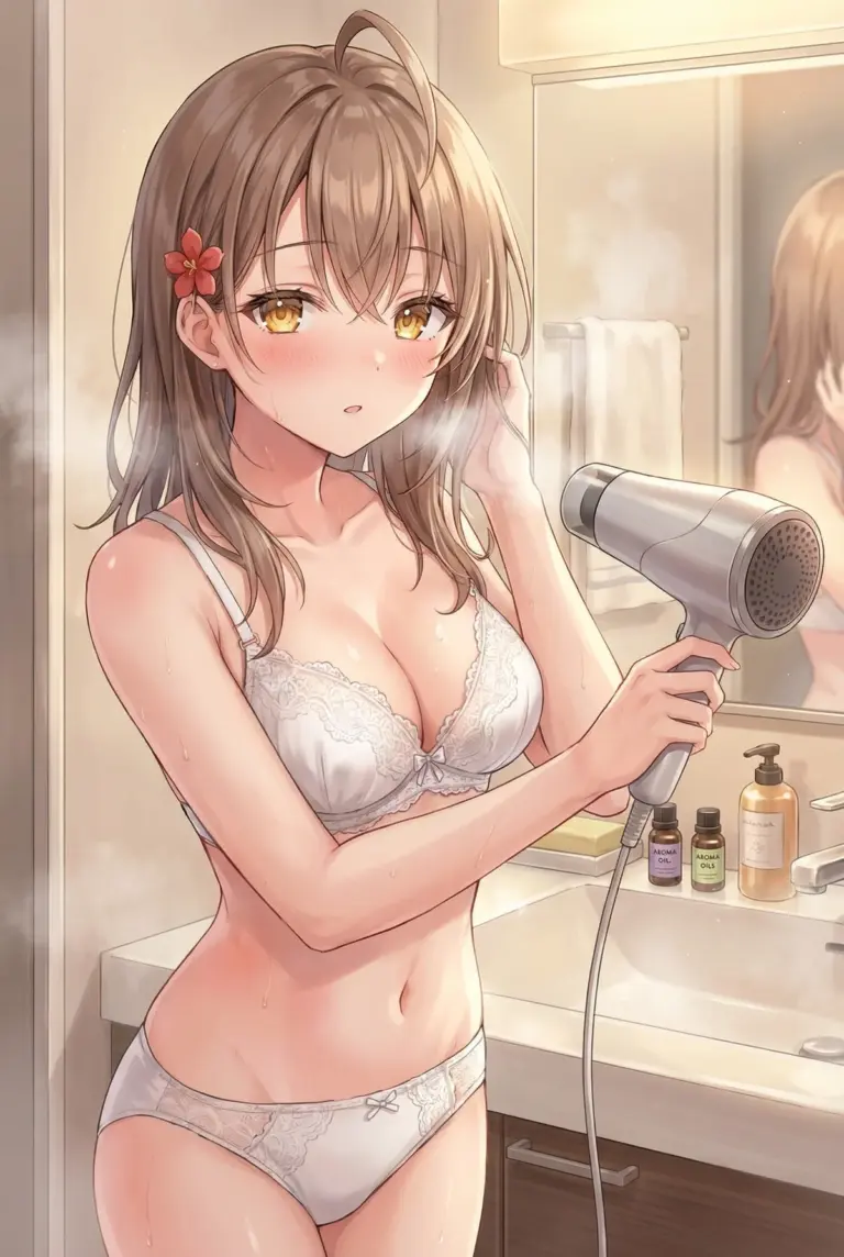 【マーシャ】湯上がり姿でドライヤー。ちょっと照れ顔