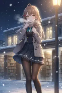 【マーシャ】冬の図書館前、息白く佇む姿