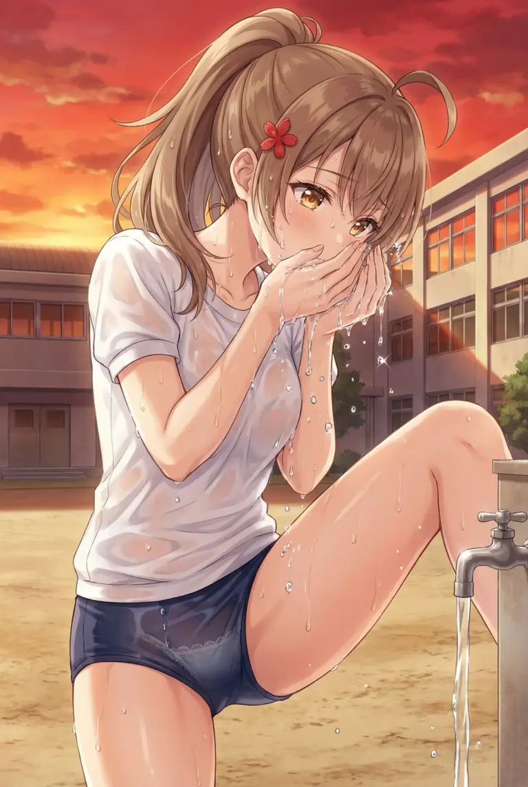 【マーシャ】夕焼けに染まる体操服姿で水浴び