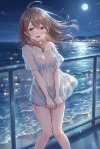 Masha’s Shy Appearance in a Wet Shirt on a Moonlit Balcony