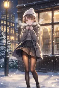 【マーシャ】雪の街角、冬の装いではにかむ