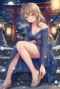 Alluring Masha in a Yukata at a Snowy Shrine Night
