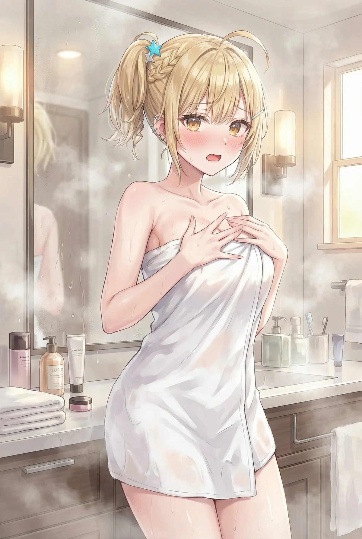 Miyama Nonoka from "Alya Sometimes Hides Her Feelings in Russian" in a steamy bathroom, wrapped in a towel. Her shy, surprised expression, as if caught red-handed, is absolutely adorable in this post-bath scene.