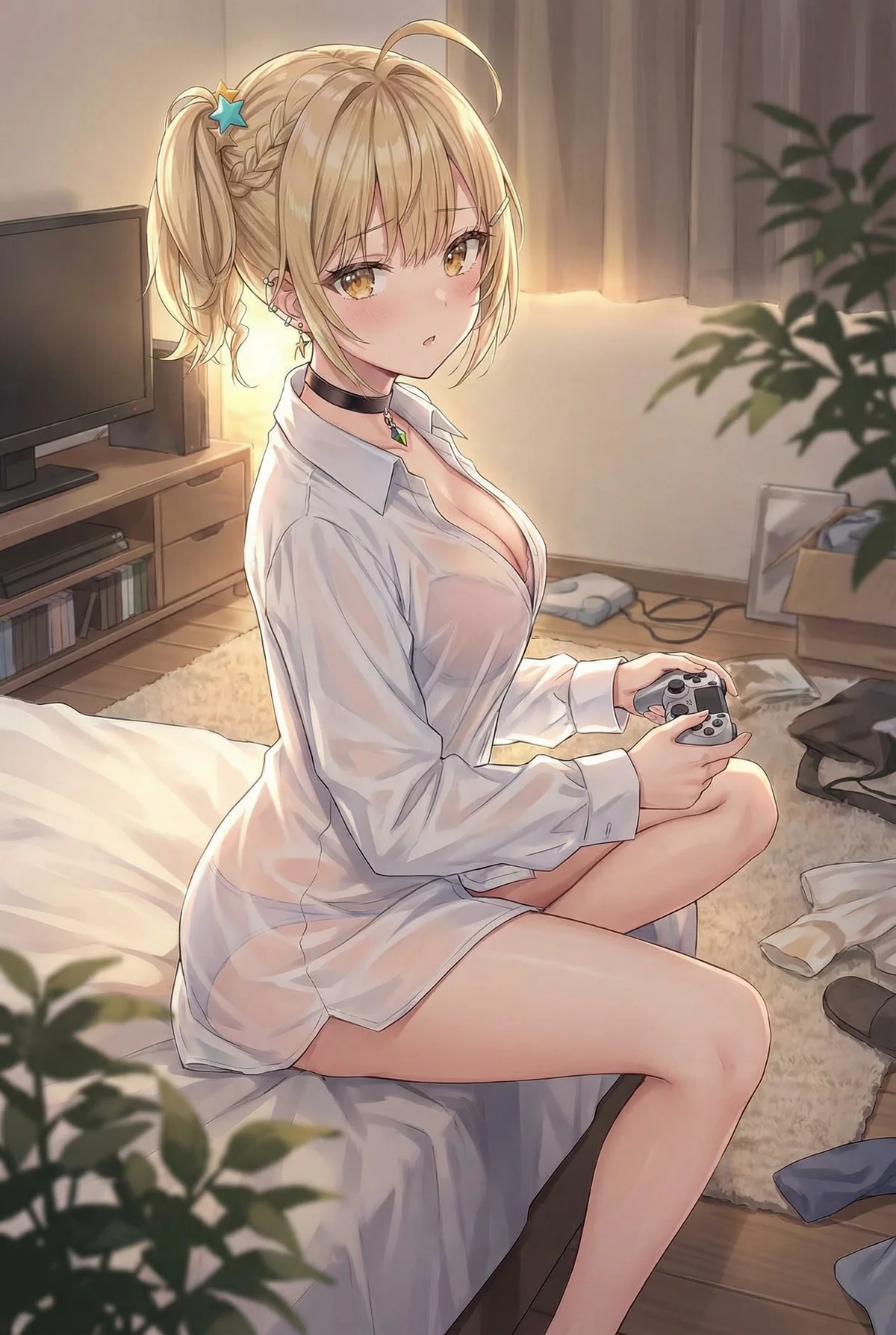 Noa Miyamae from 'Alya-san' plays games in her room. Bathed in soft light, her relaxed shirt and shy expression are charming.