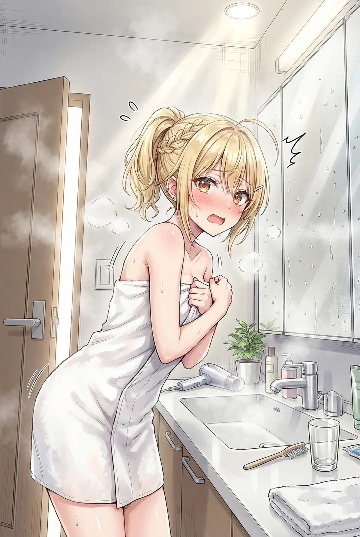 Nonoa Miyamae from "Alya Sometimes Hides Her Feelings in Russian" is seen after a bath, wrapped in a towel. Her blushing, flustered expression in the steamy bathroom is irresistibly adorable!